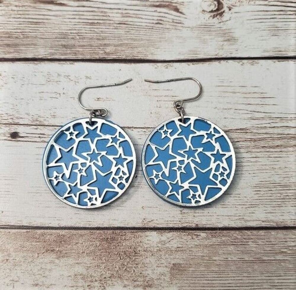 Dangle Earrings For Pierced Ears - Blue Circle with Silver Tone Stars